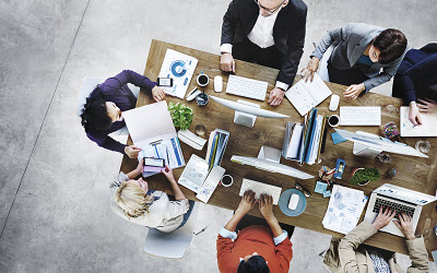 top view of business team working together